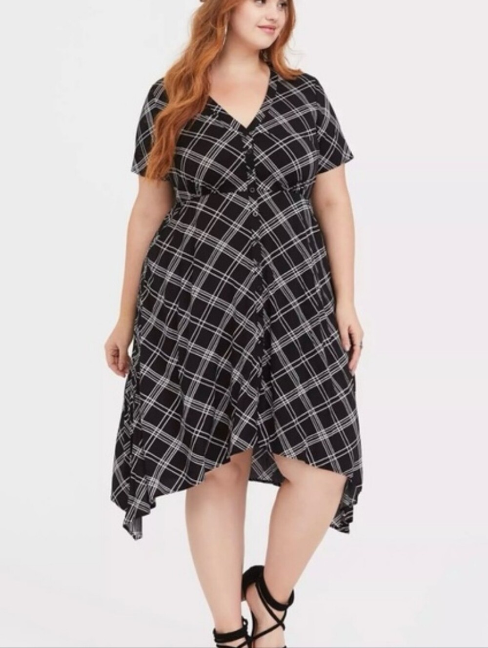 Torrid Black Plaid Midi Challis Shirt Dress Short Sleeve Sharkbite Hem 1X
